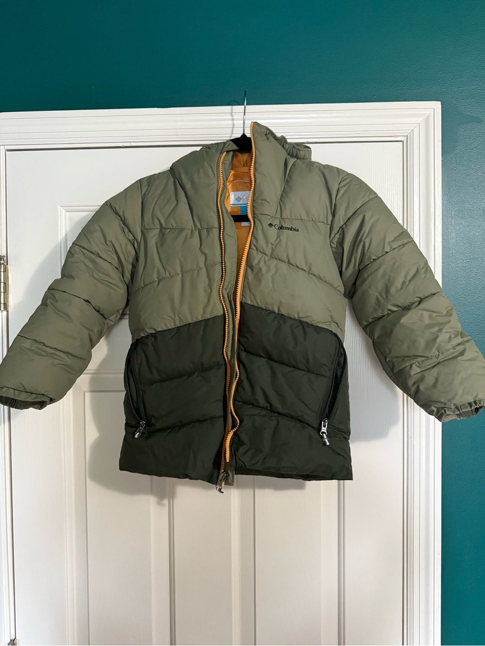 Columbia Kids Two-Tone Olive & Dark Green Puffer Jacket with Mustard Trim